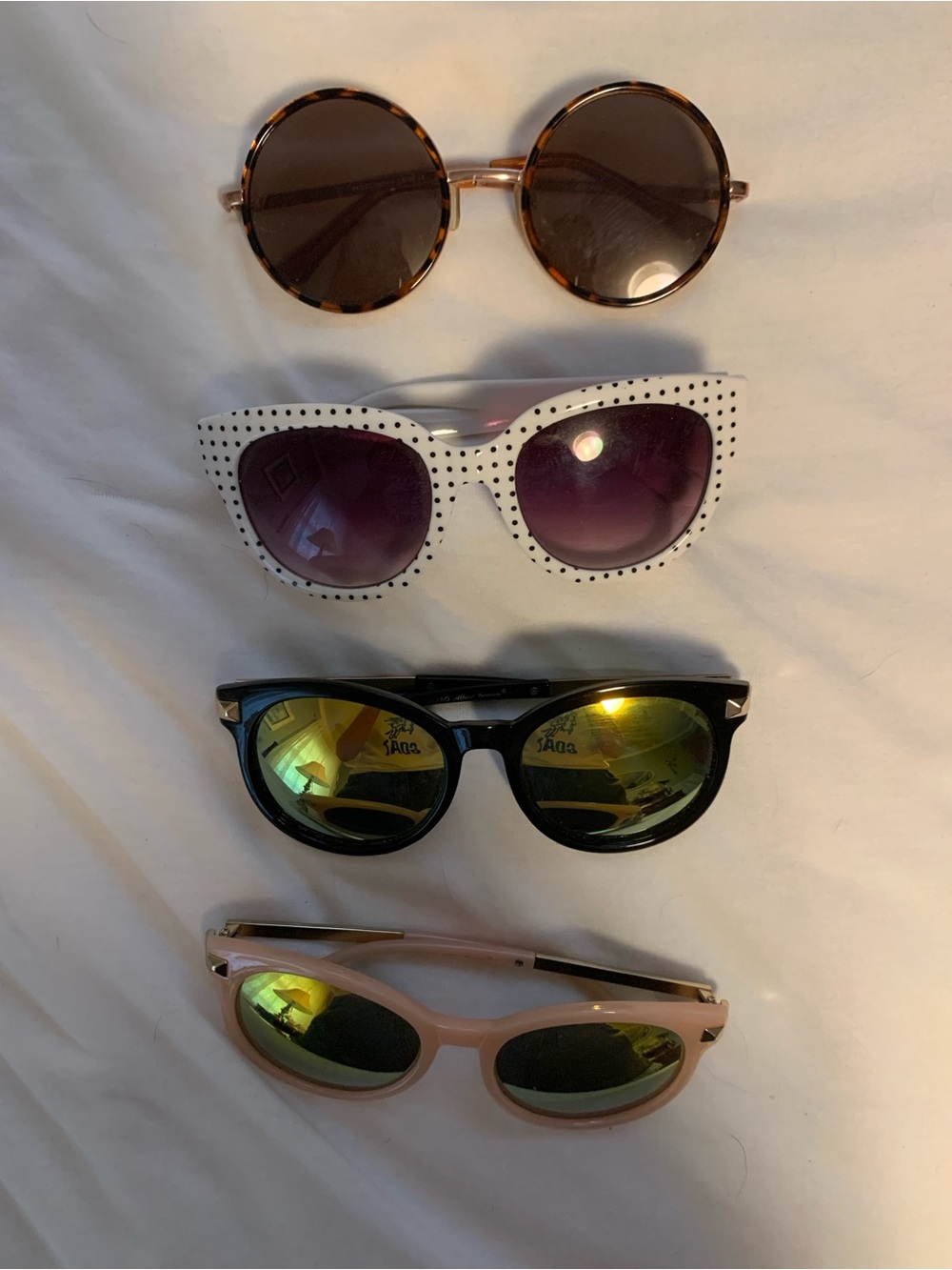 4 Sunglasses - Polka Dot White / Black &  Pink Reflective / Round Tortoiseshell